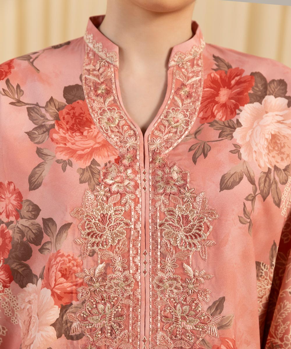 Women's Unstitched Embroidered Blended Grip Silk Pink 3 Piece Suit