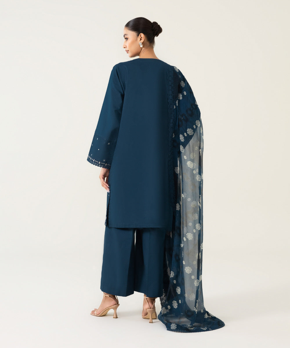 Unstitched Women's Embroidered Slub Lawn Deep Blue 3 Piece Suit