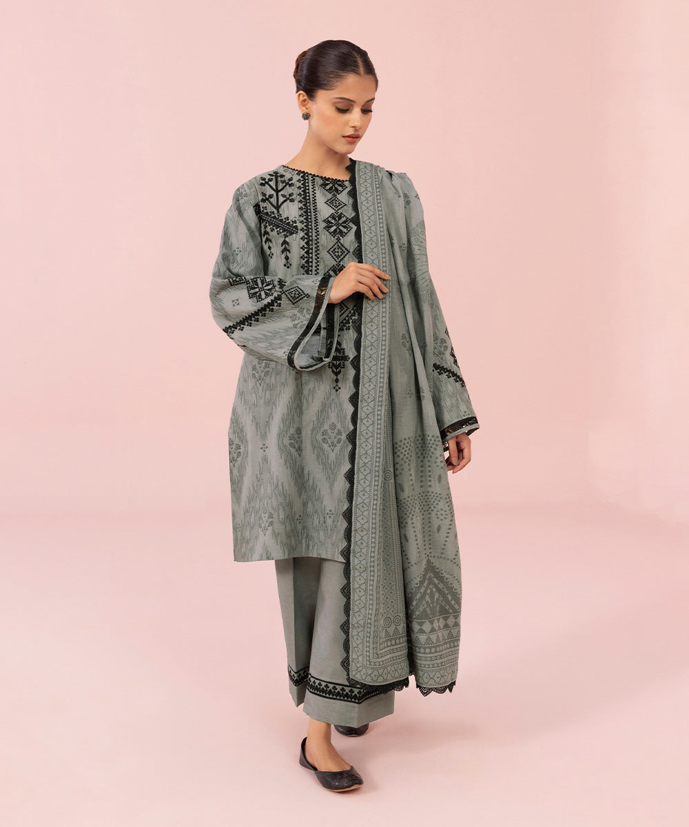 Women's Unstitched Embroidered Extra Weft Jacquard Grey 3 Piece Suit