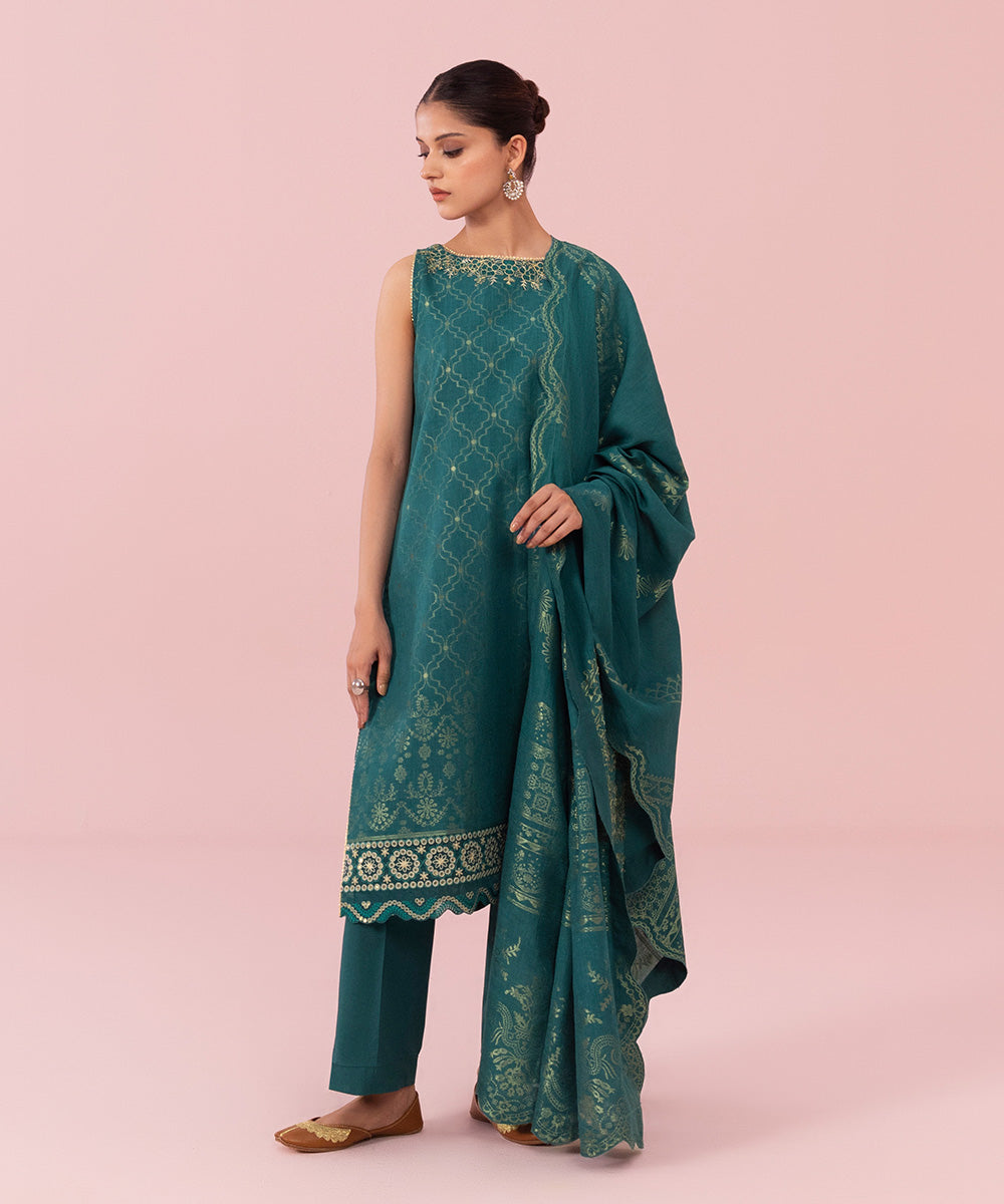 Women's Unstitched Embroidered Extra Weft Jacquard Teal 3 Piece Suit
