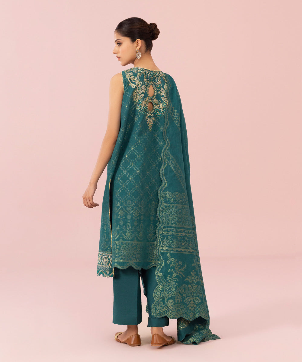 Women's Unstitched Embroidered Extra Weft Jacquard Teal 3 Piece Suit