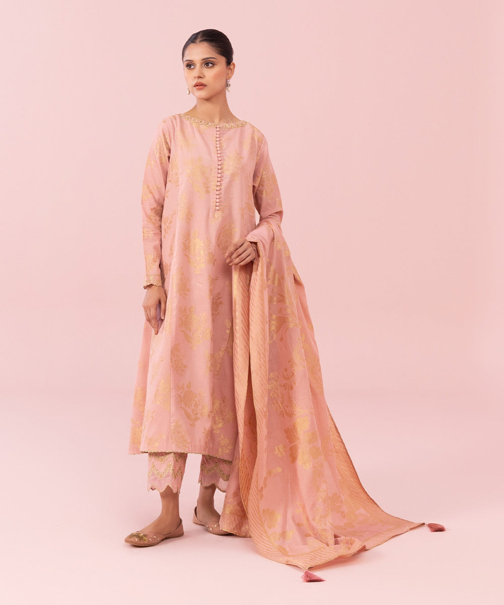 Women's Unstitched Embroidered Extra Weft Jacquard Peach 3 Piece Suit