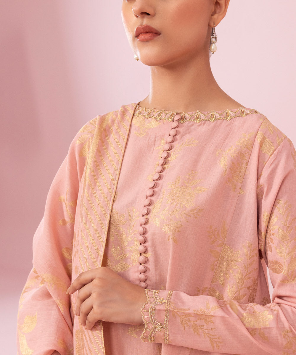 Women's Unstitched Embroidered Extra Weft Jacquard Peach 3 Piece Suit