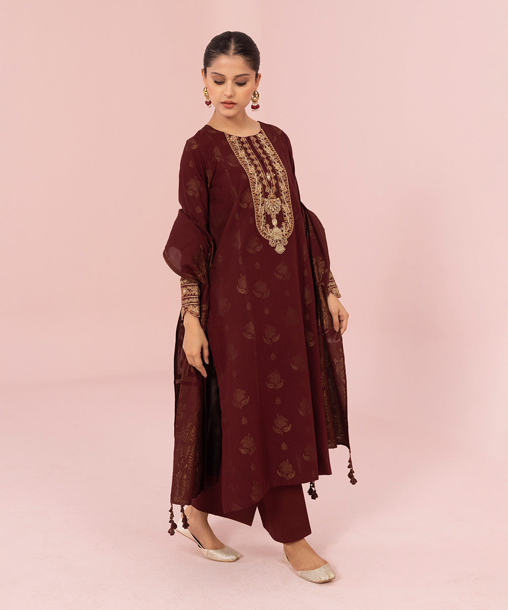 Women's Unstitched Embroidered Extra Weft Jacquard Maroon 3 Piece Suit