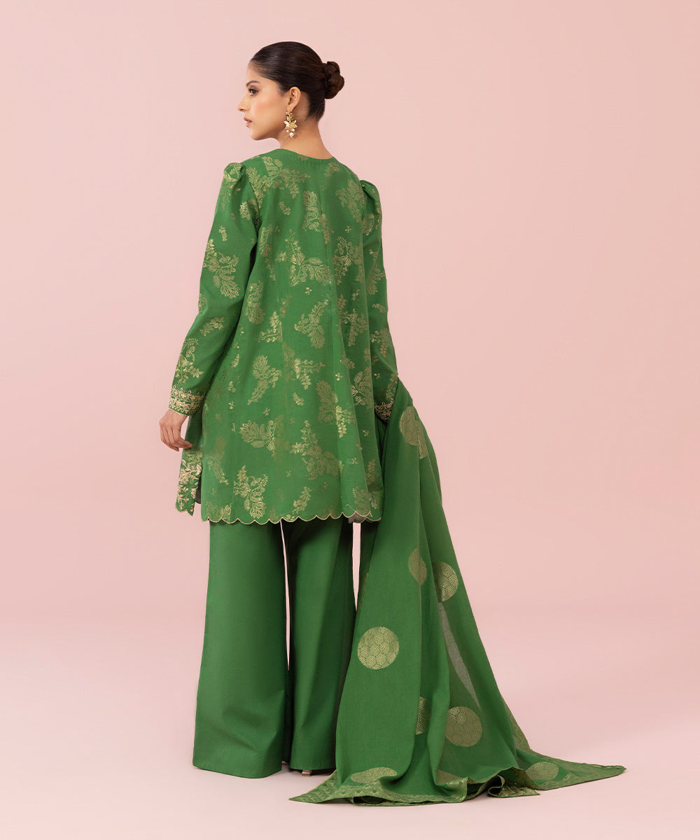 Women's Unstitched Embroidered Extra Weft Jacquard Kelly Green 3 Piece Suit