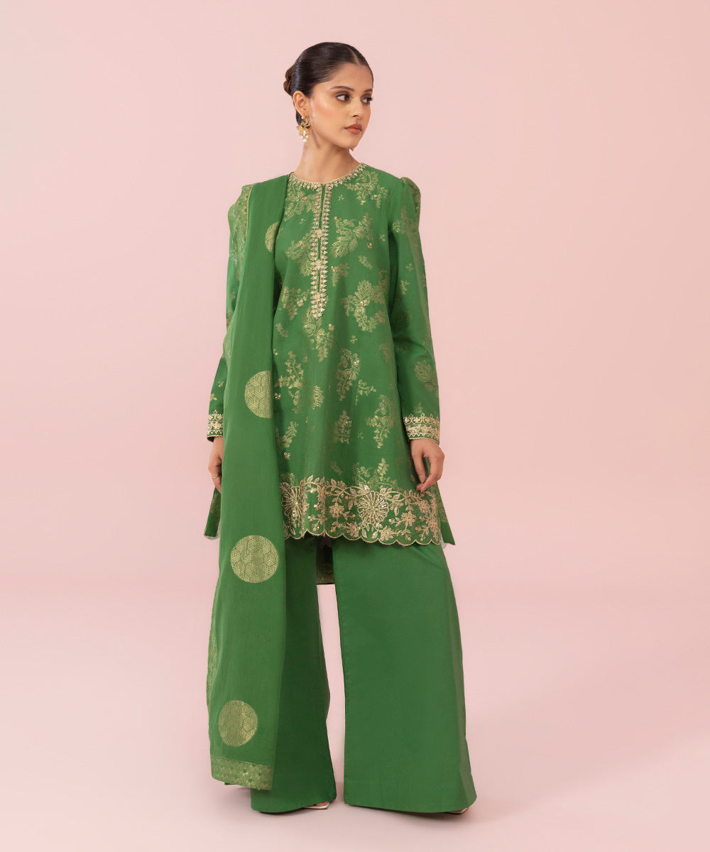 Women's Unstitched Embroidered Extra Weft Jacquard Kelly Green 3 Piece Suit