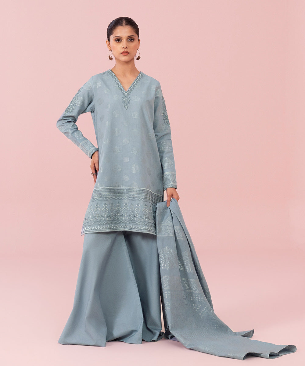 Women's Unstitched Embroidered Extra Weft Jacquard Ice Blue 3 Piece Suit