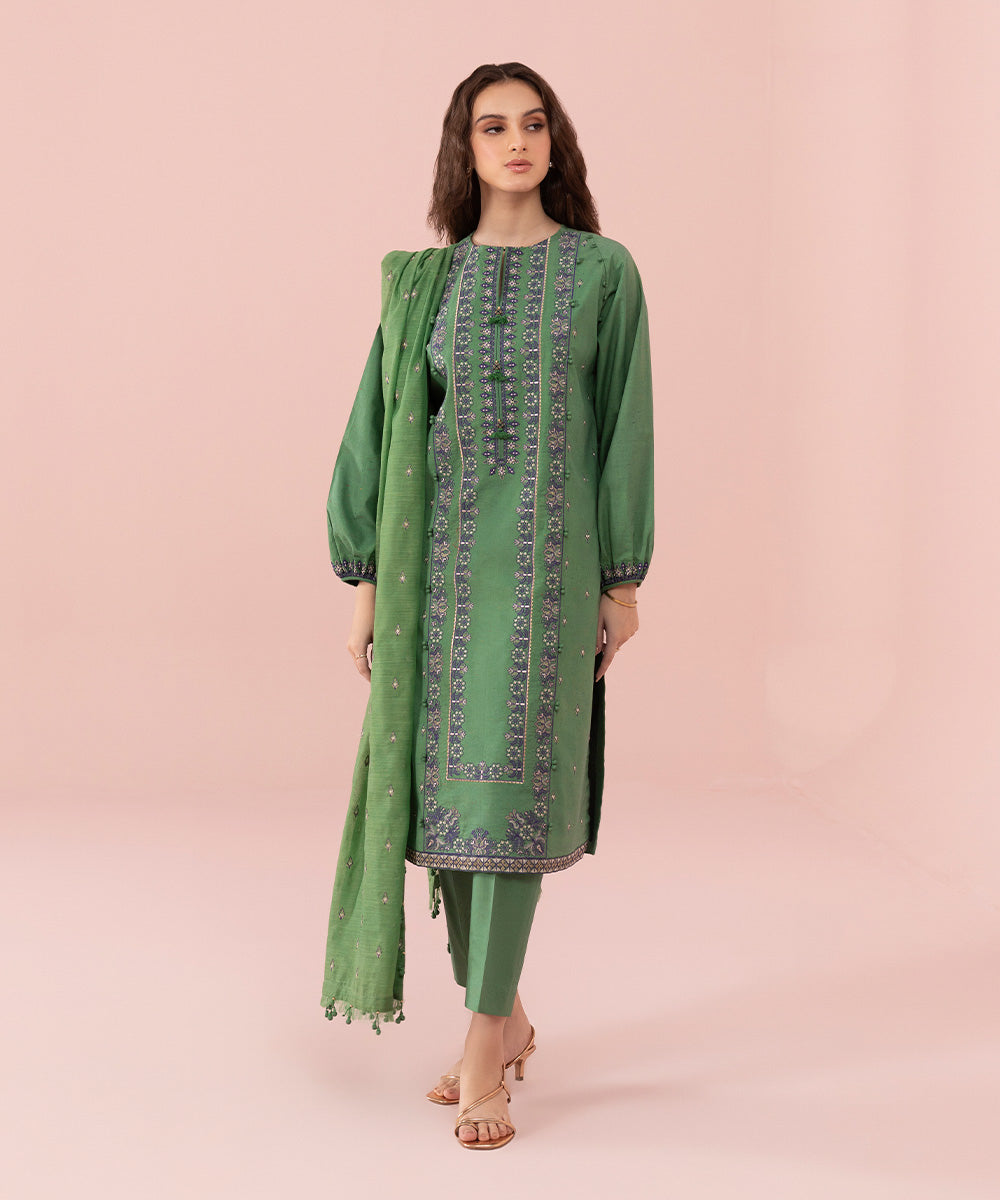 Women's Unstitched Embroidered Multi Neps Green 3 Piece Suit