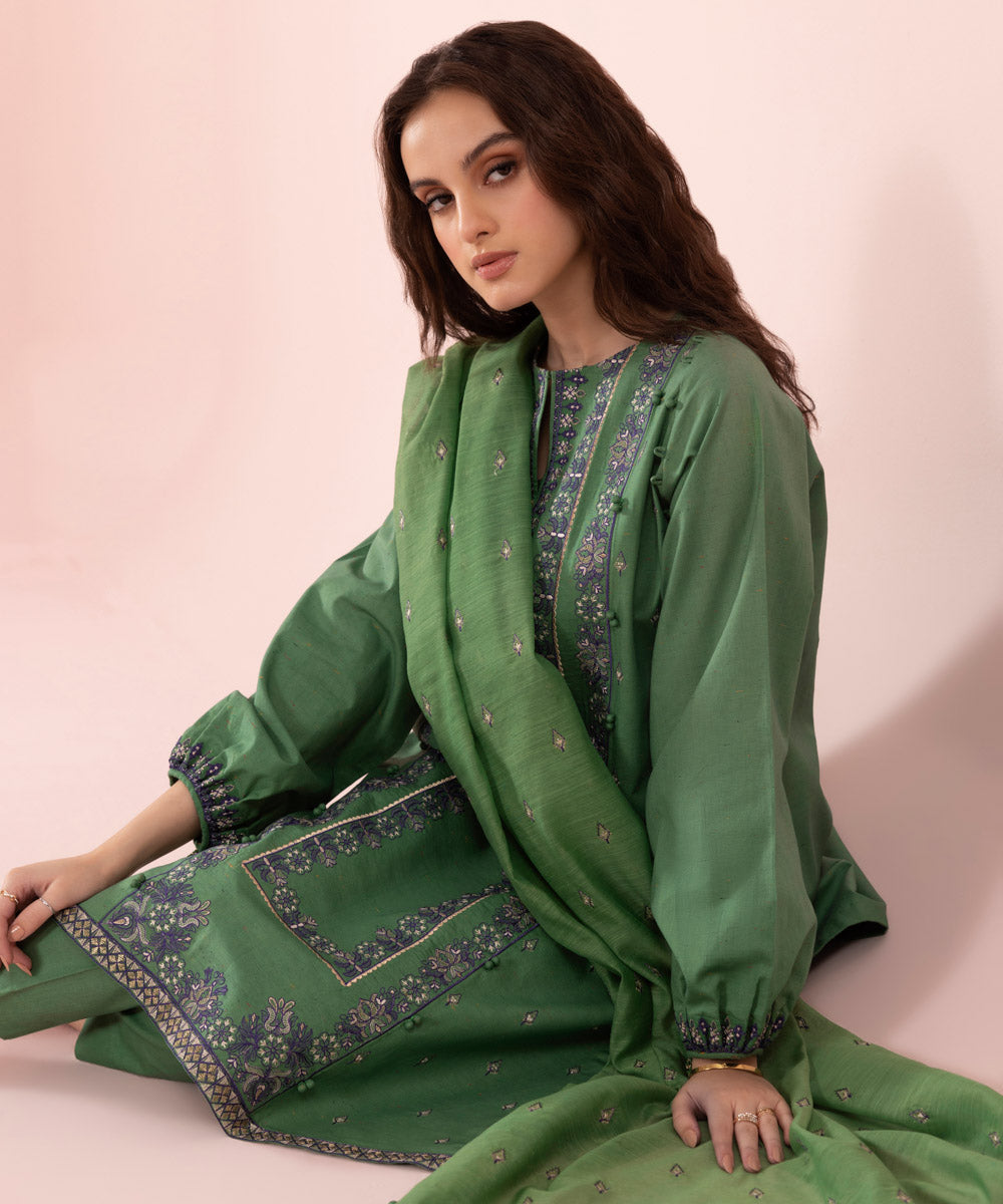 Women's Unstitched Embroidered Multi Neps Green 3 Piece Suit