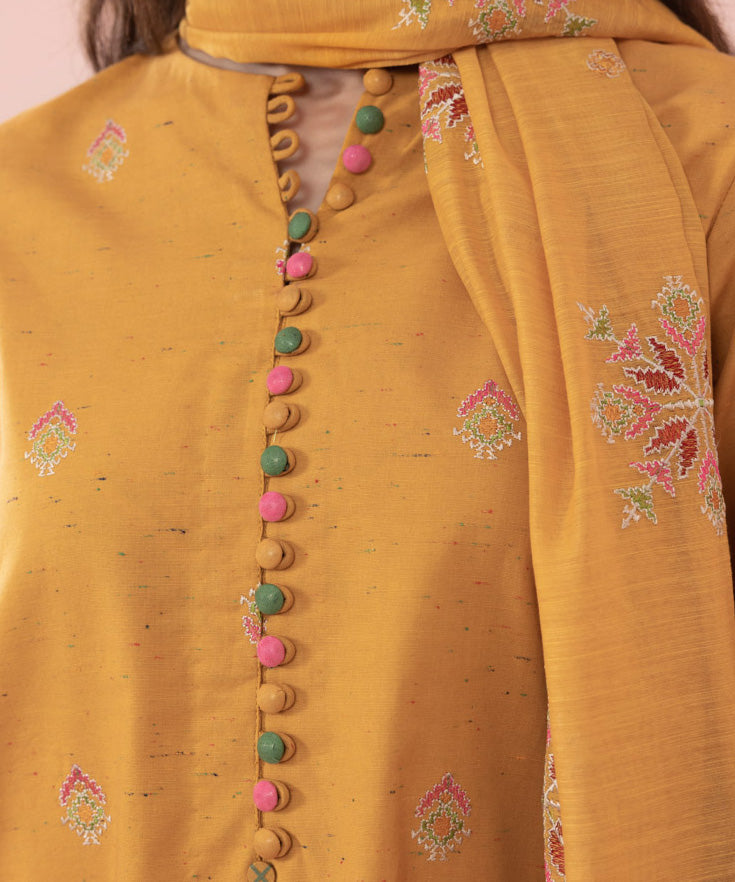 Women's Unstitched Embroidered Multi Neps Mustard Yellow 3 Piece Suit