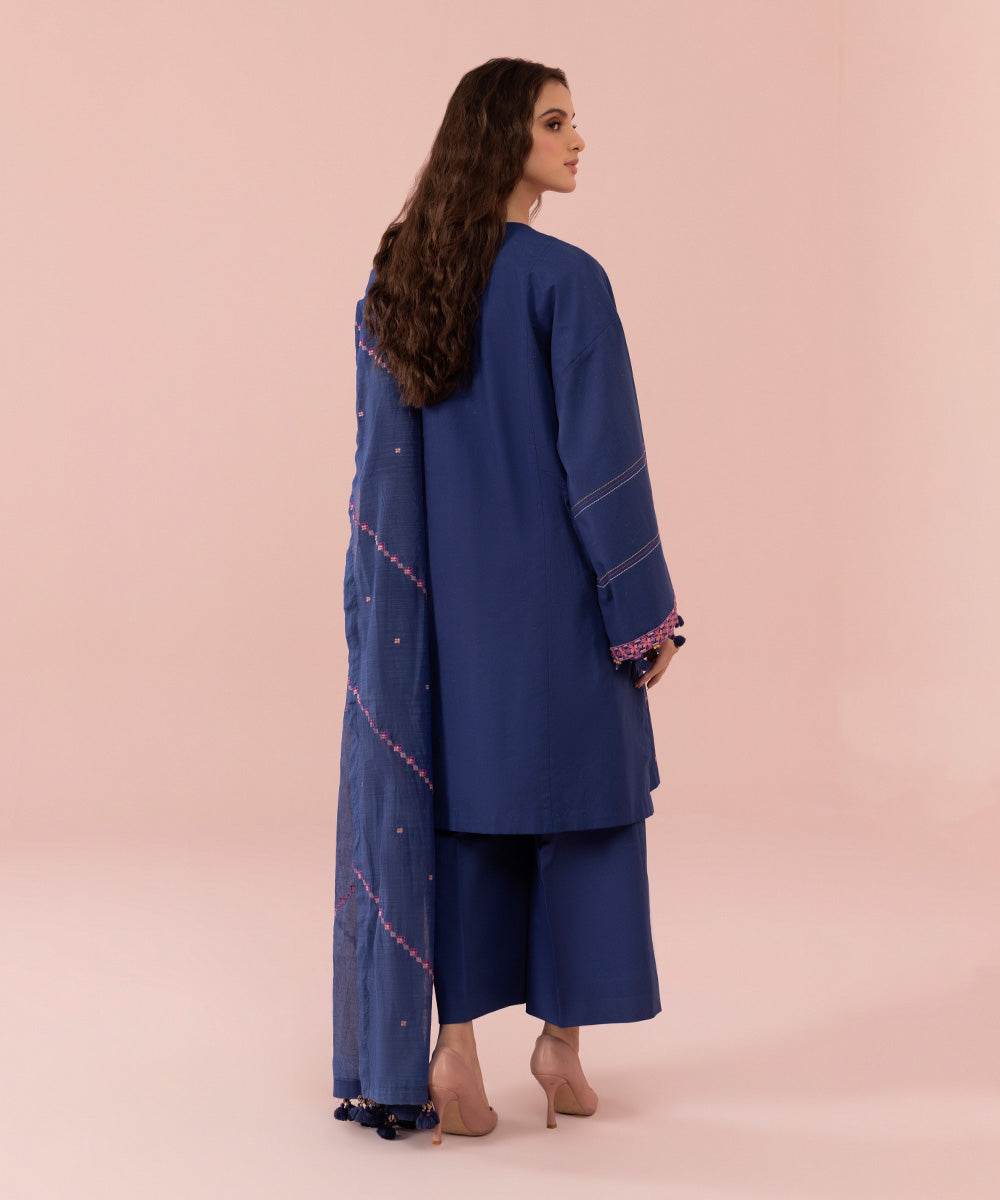 Women's Unstitched Embroidered Multi Neps Cobalt Blue 3 Piece Suit