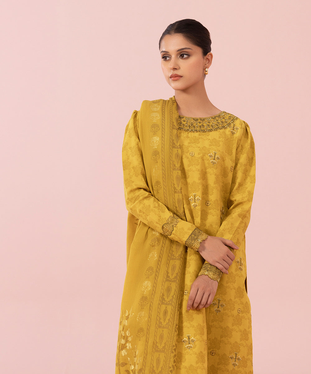 Women's Unstitched Embroidered Self Jacquard Mustard Yellow 3 Piece Suit