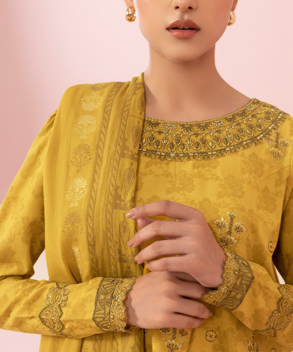 Women's Unstitched Embroidered Self Jacquard Mustard Yellow 3 Piece Suit