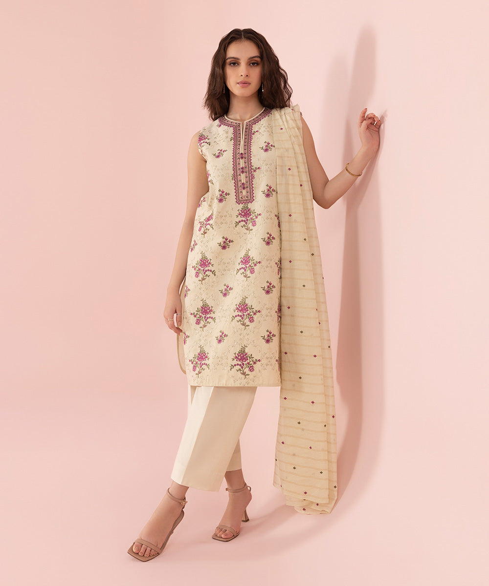 Women's Unstitched Embroidered Self Jacquard Off White 3 Piece Suit