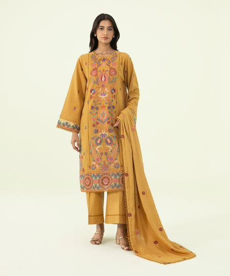 Women's Winter Unstitched Cotton Karandi Yellow 3 Piece Suit