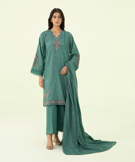 Women's Winter Unstitched Cotton Karandi Green 3 Piece Suit