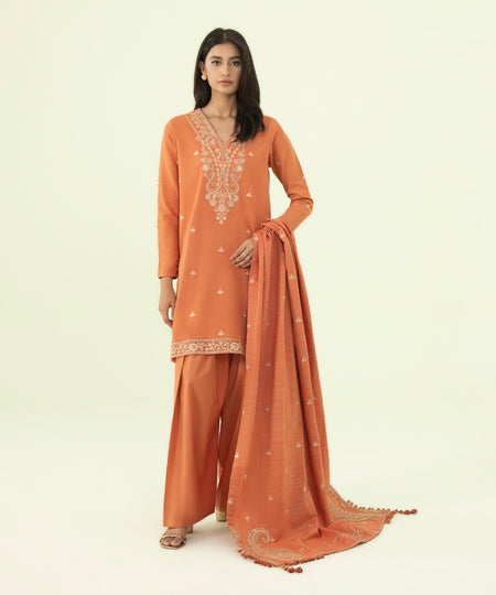 Women's Winter Unstitched Cotton Karandi Orange 3 Piece Suit