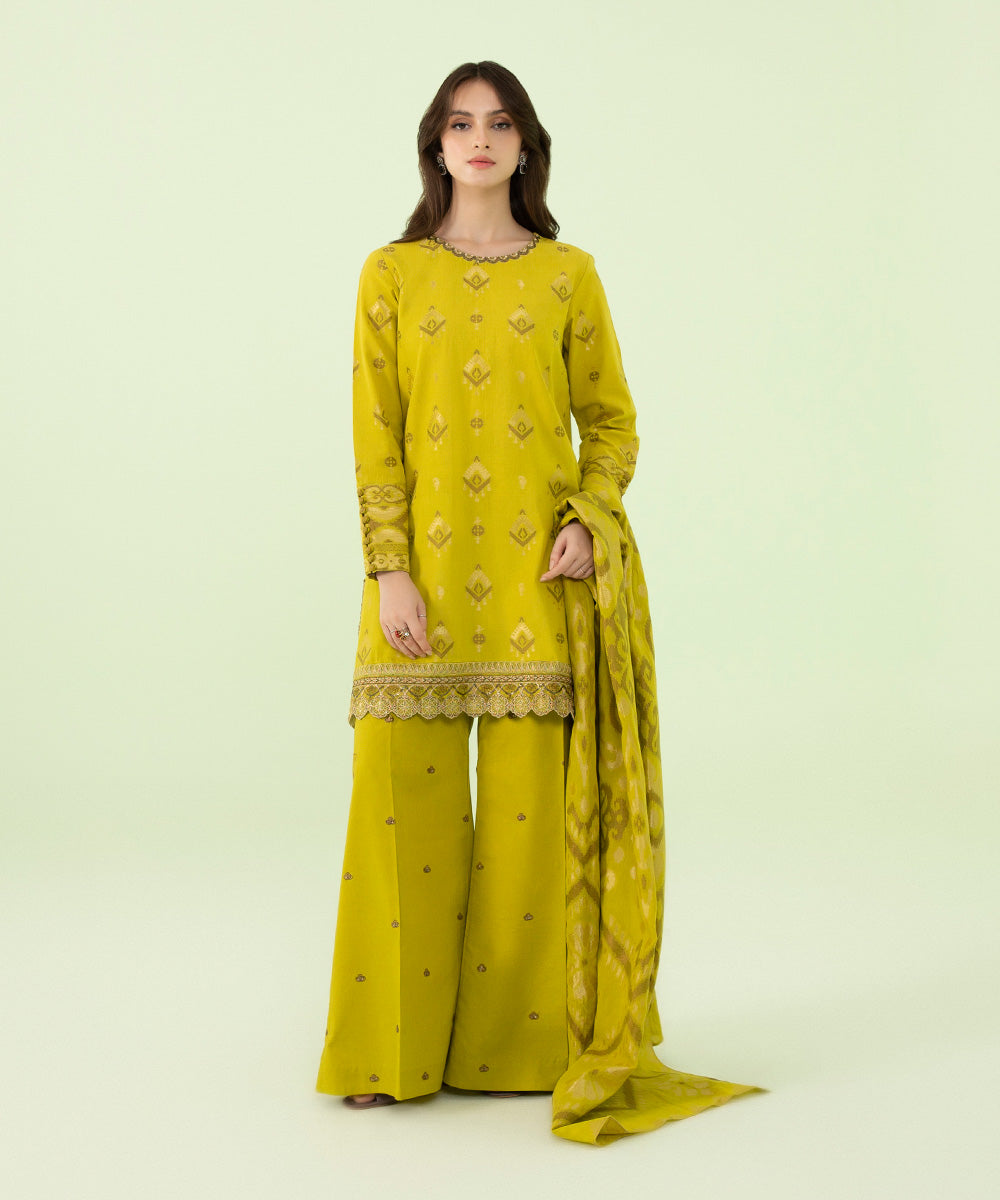 Women's Winter Unstitched Extra Weft Jacquard Yellow 3 Piece Suit