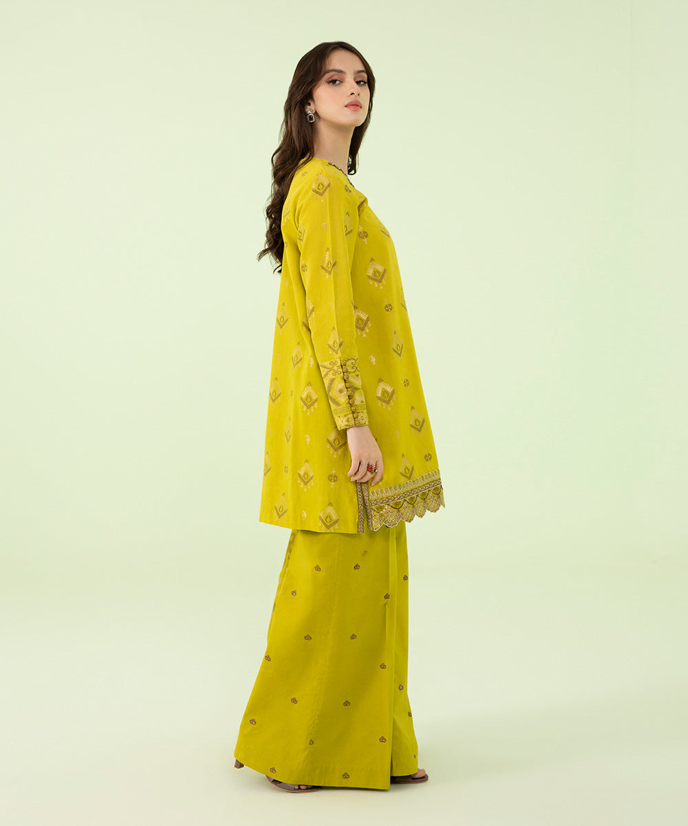 Women's Winter Unstitched Extra Weft Jacquard Yellow 3 Piece Suit