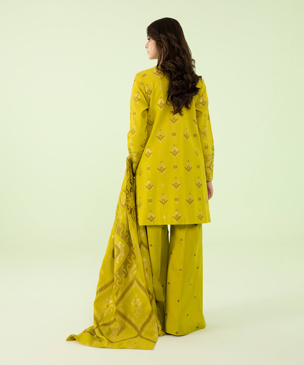 Women's Winter Unstitched Extra Weft Jacquard Yellow 3 Piece Suit