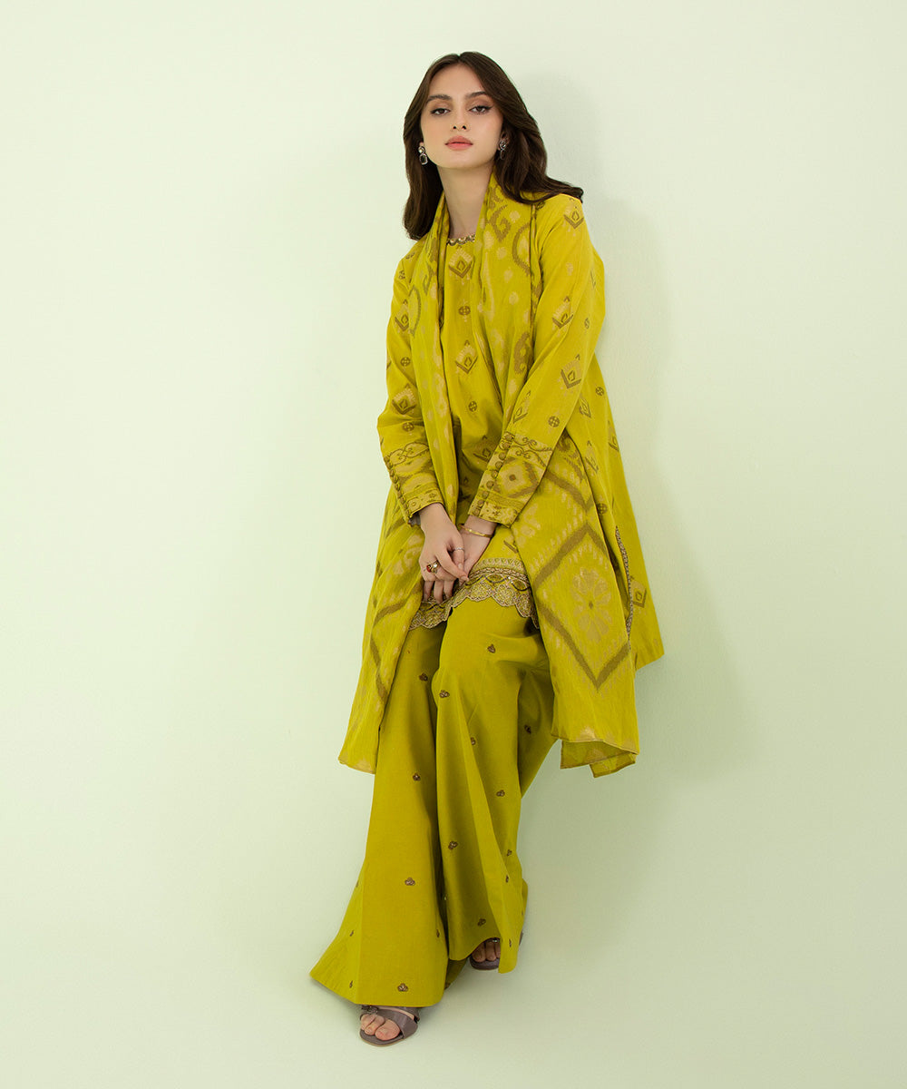 Women's Winter Unstitched Extra Weft Jacquard Yellow 3 Piece Suit