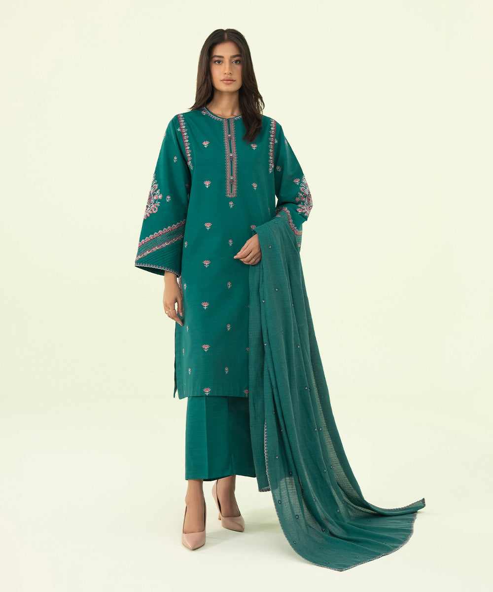 Women's Winter Unstitched Khaddar Green 3 Piece Suit
