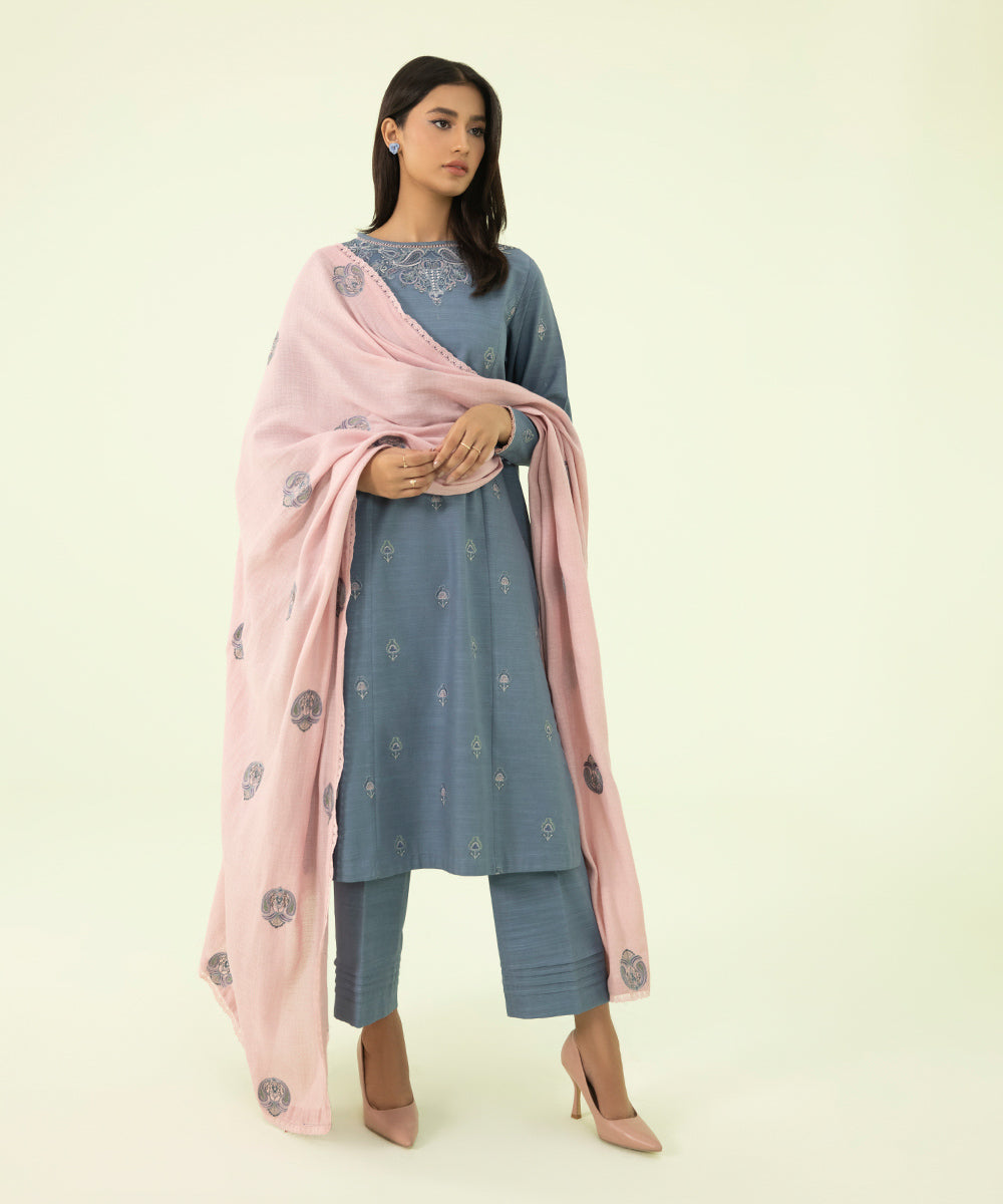 Women's Winter Unstitched Khaddar Blue 3 Piece Suit