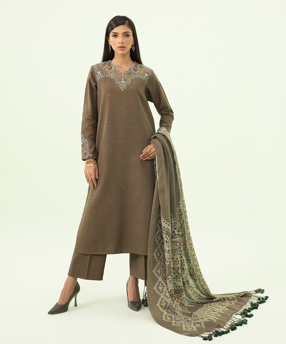 Women's Winter Unstitched Khaddar Brown 3 Piece Suit