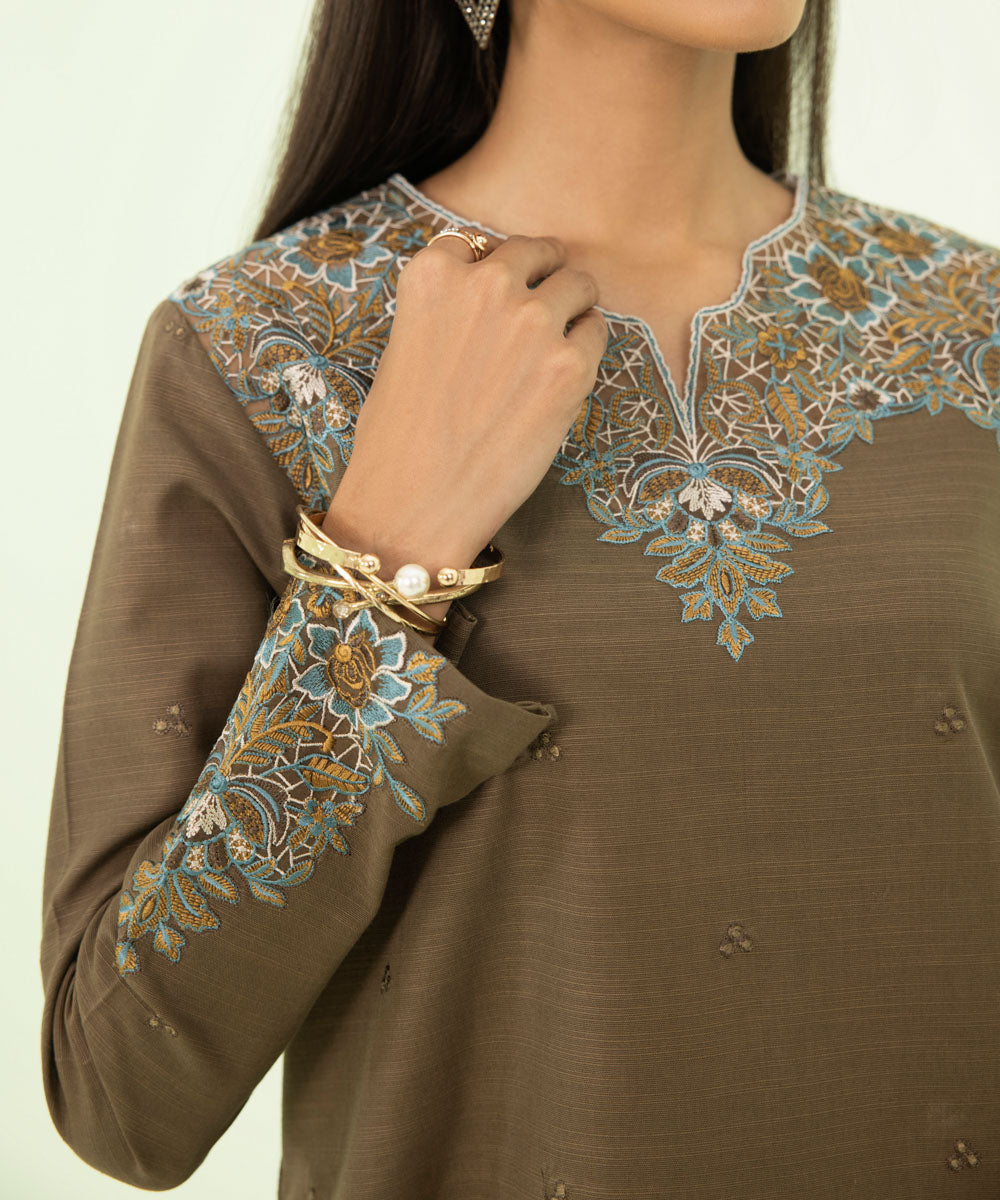 Women's Winter Unstitched Khaddar Brown 3 Piece Suit