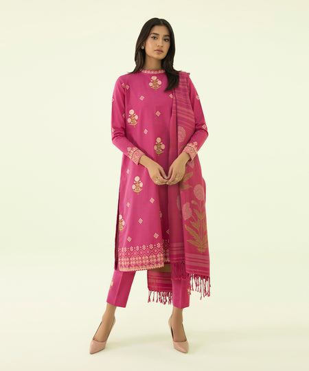 Women's Winter Unstitched Multi Neps Pink 3 Piece Suit