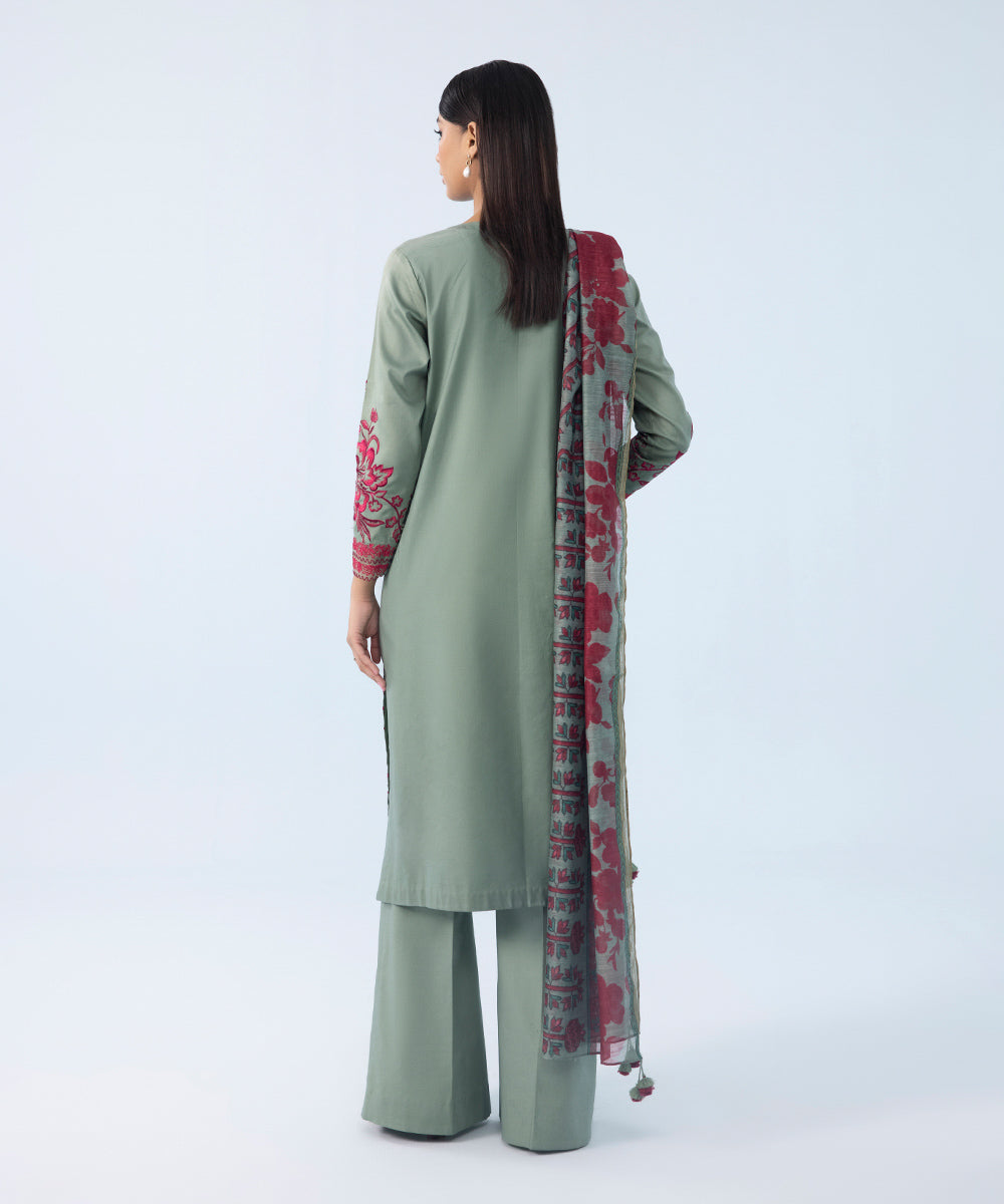 Women's Winter Unstitched Embroidered Cotton Karandi Green 3 Piece Suit