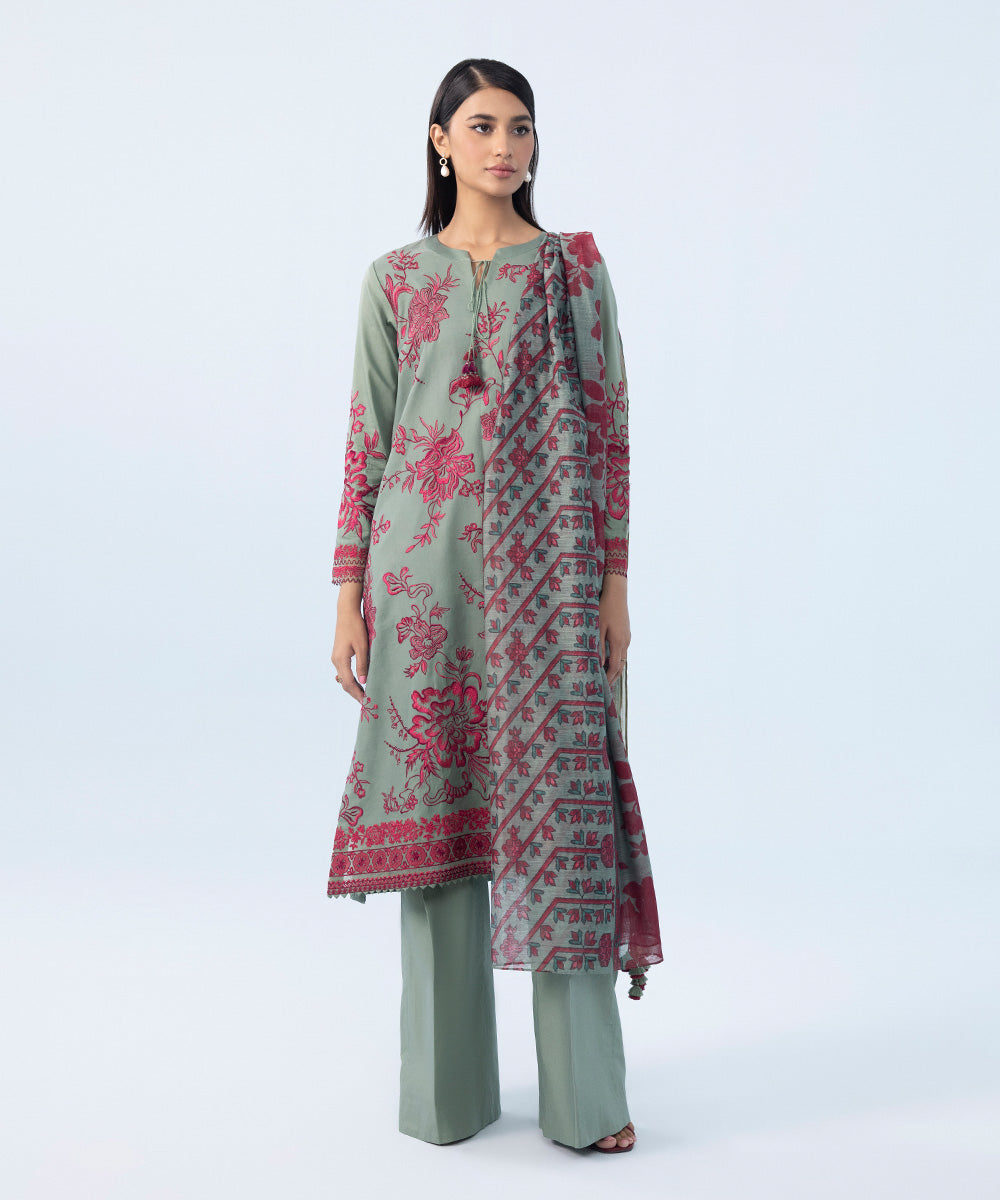 Women's Winter Unstitched Embroidered Cotton Karandi Green 3 Piece Suit