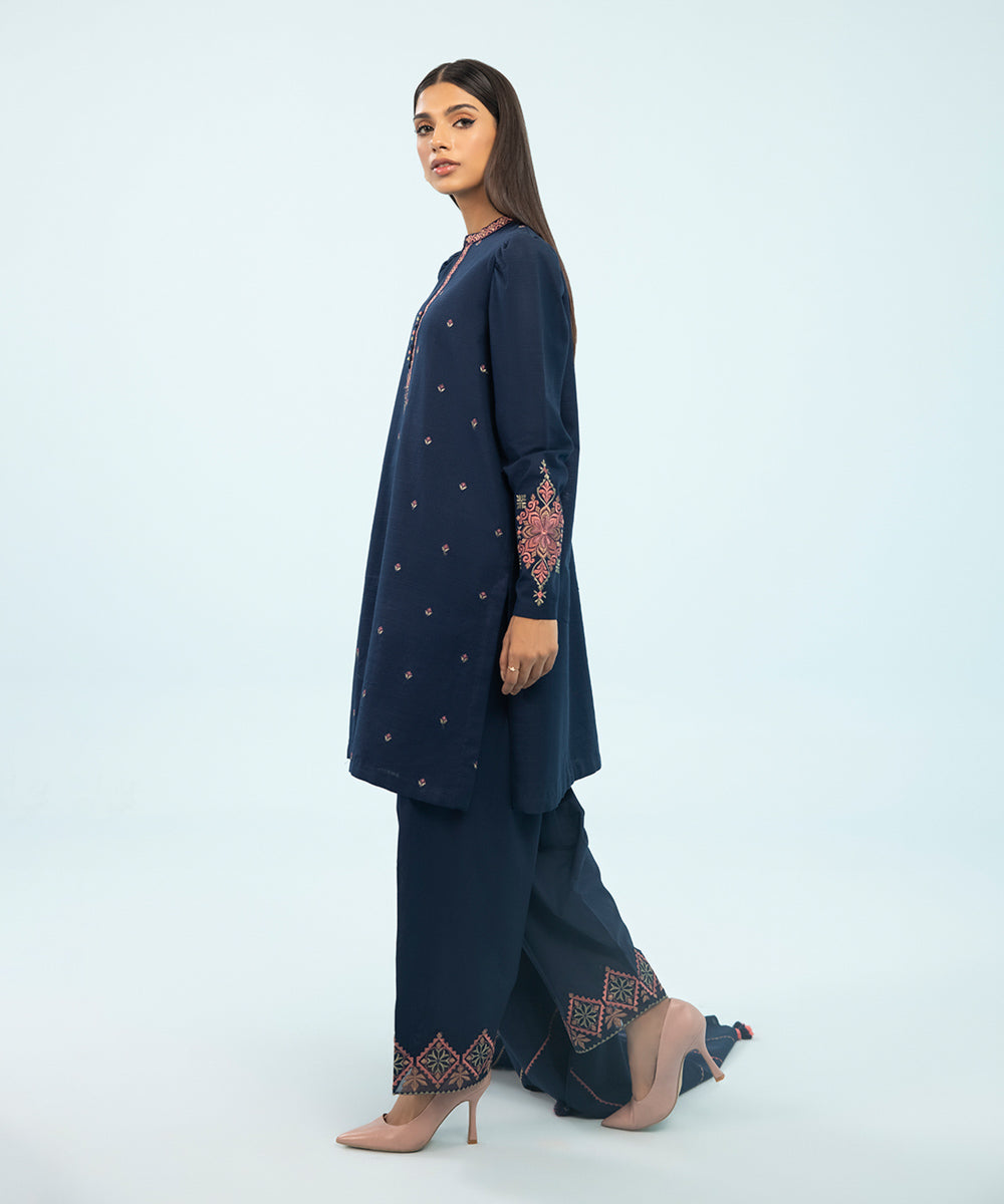 Women's Winter Unstitched Embroidered Khaddar Blue 3 Piece Suit
