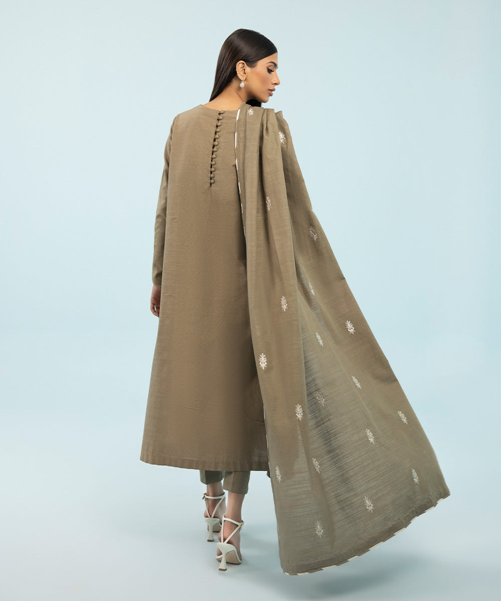 Women's Winter Unstitched Embroidered Khaddar Brown 3 Piece Suit