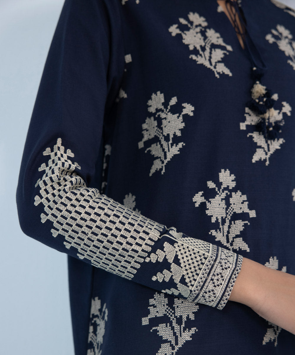 Women's Winter Unstitched Embroidered Khaddar Blue 3 Piece Suit