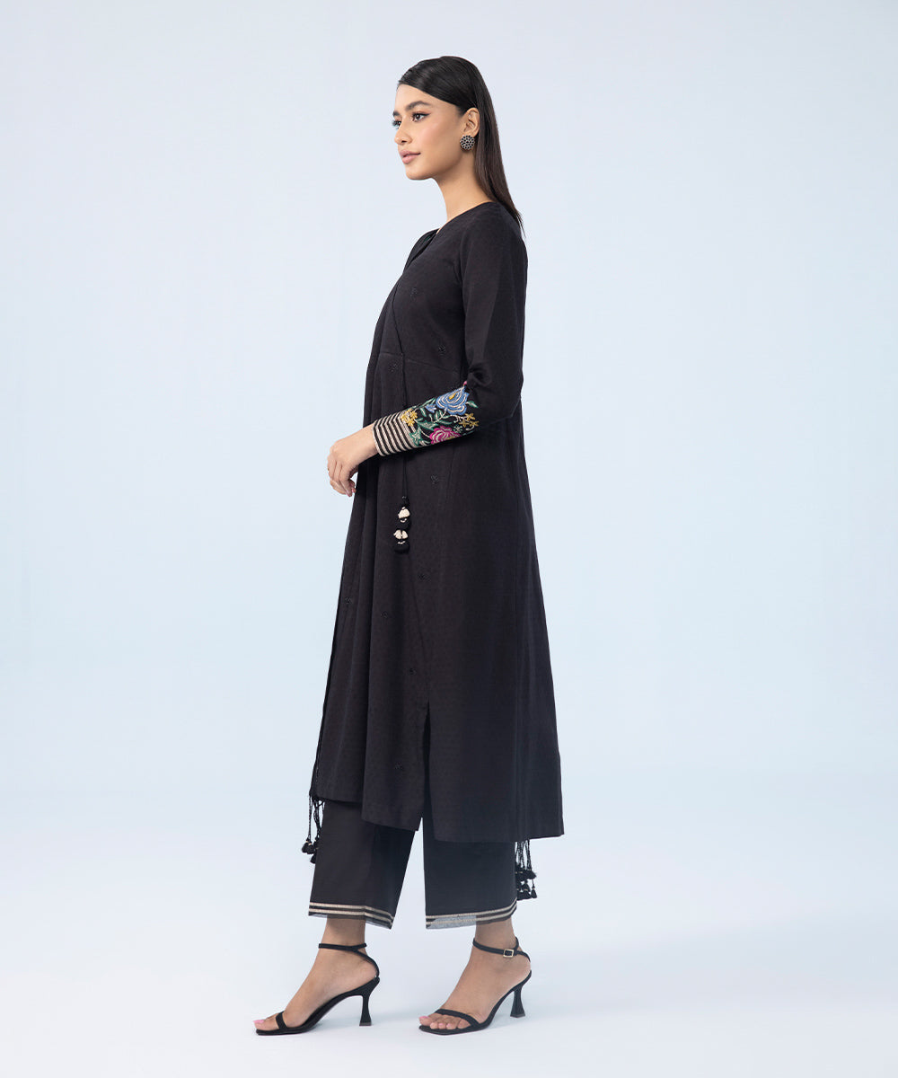 Women's Winter Unstitched Embroidered Cotton Jacquard Black 3 Piece Suit