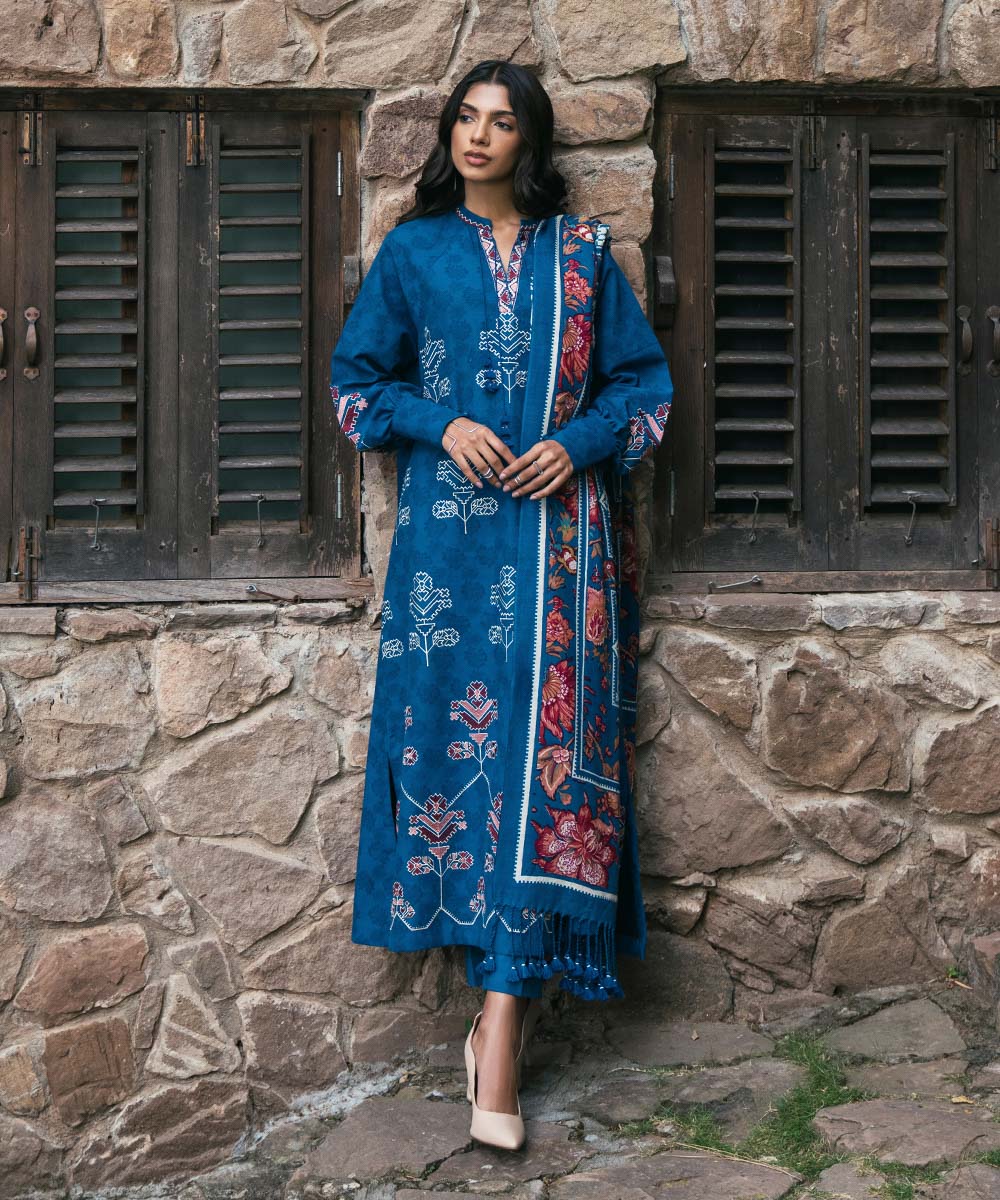 Women's Winter Unstitched Embroidered Cotton Jacquard Blue 3 Piece Suit