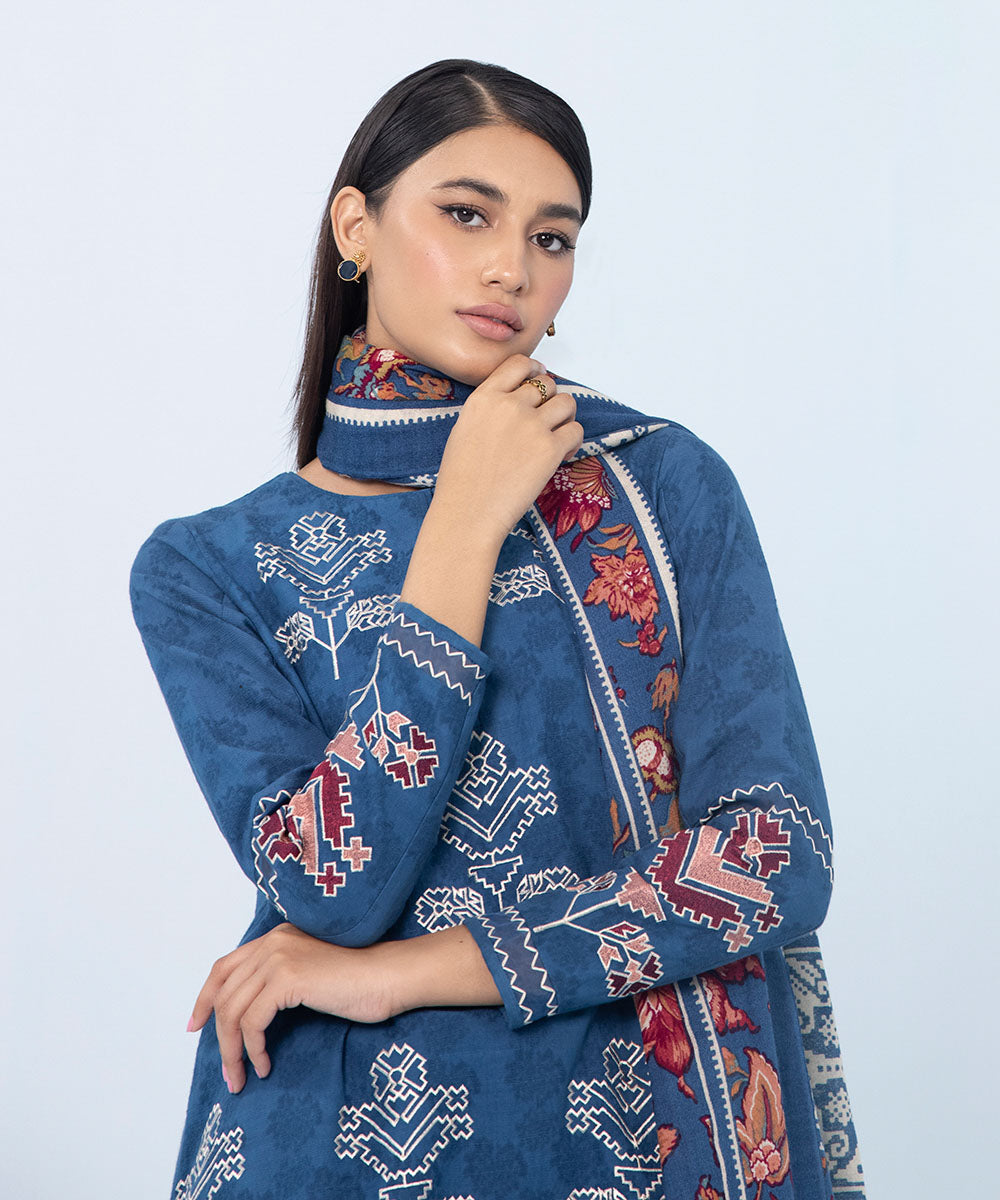 Women's Winter Unstitched Embroidered Cotton Jacquard Blue 3 Piece Suit