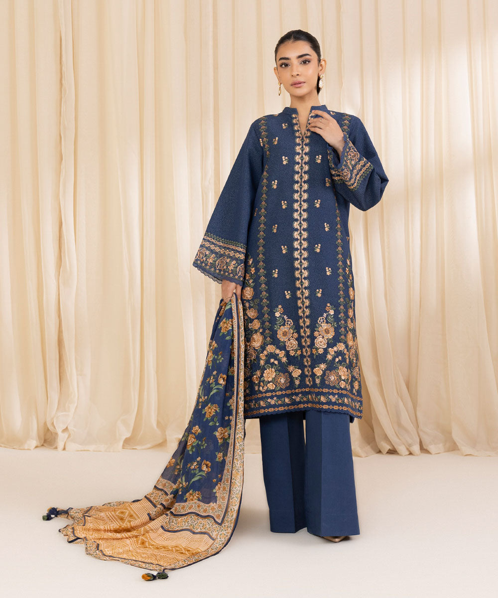 Women's Unstitched Embroidered Prussian Blue Cotton Karandi Three Piece Suit