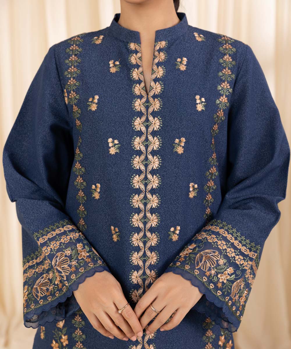 Women's Unstitched Embroidered Prussian Blue Cotton Karandi Three Piece Suit