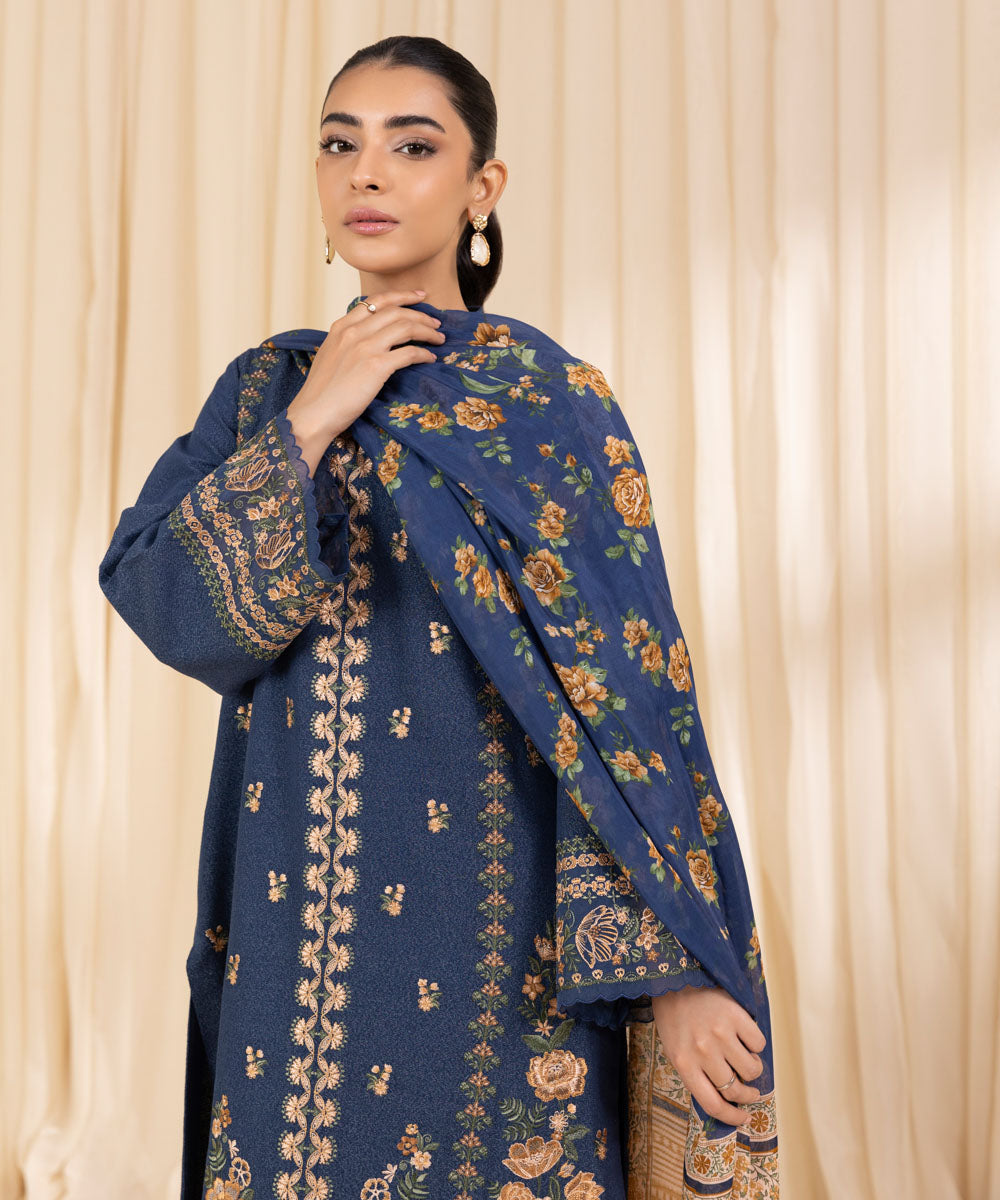 Women's Unstitched Embroidered Prussian Blue Cotton Karandi Three Piece Suit