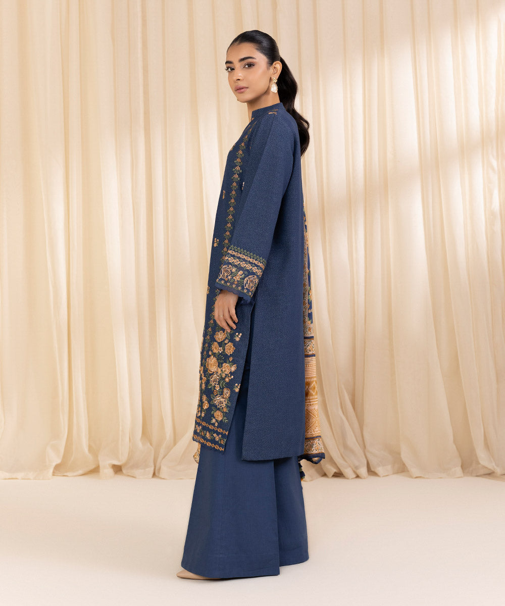 Women's Unstitched Embroidered Prussian Blue Cotton Karandi Three Piece Suit