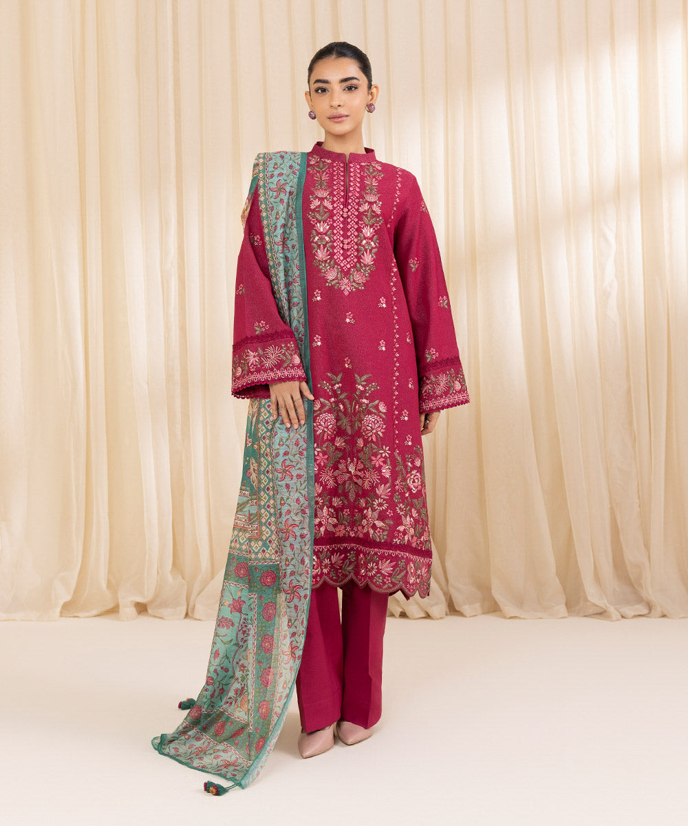 Women's Unstitched Embroidered Hot Pink Cotton Karandi Three Piece Suit