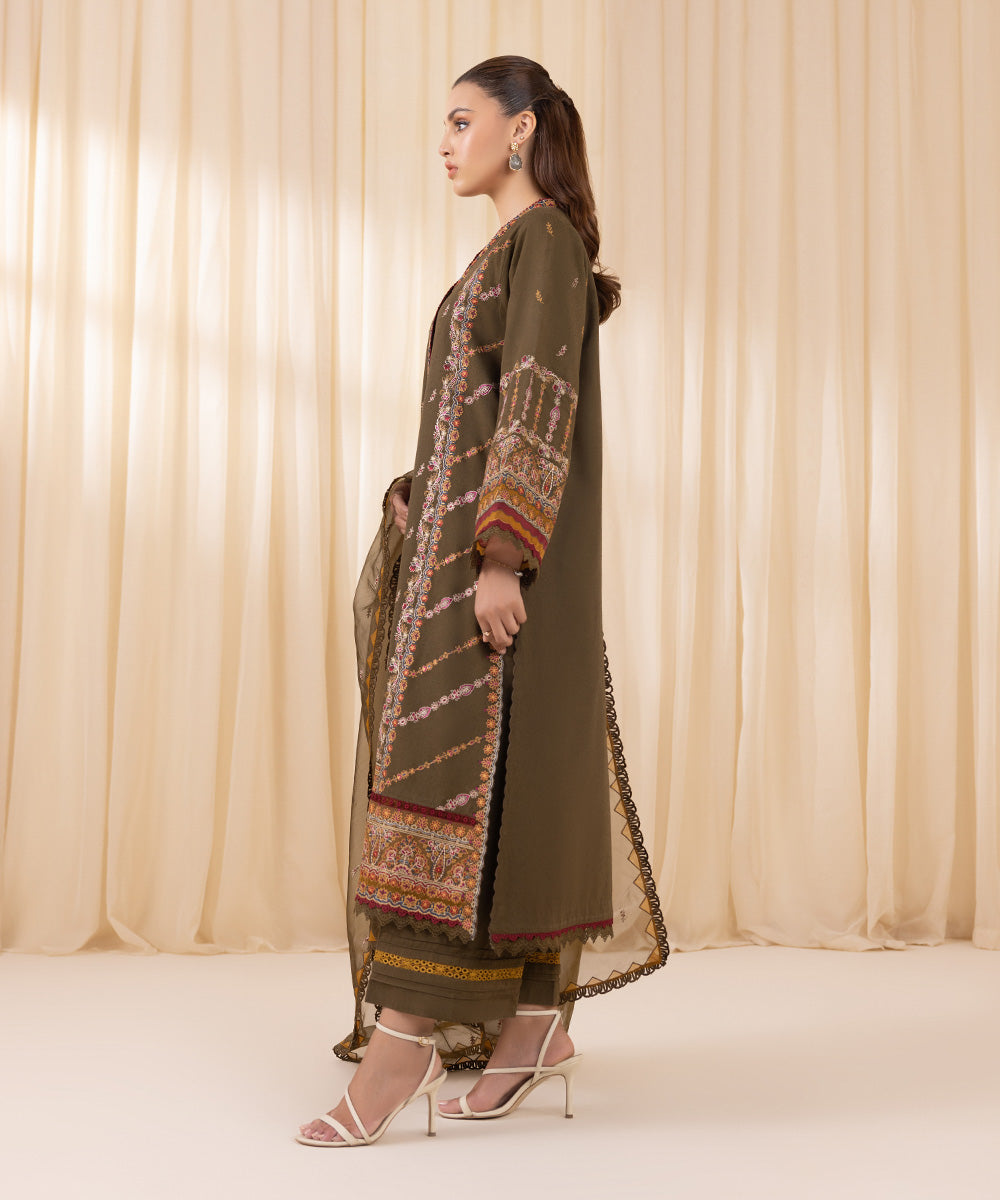 Women's Unstitched Embroidered Olive Green Cotton Karandi Three Piece Suit