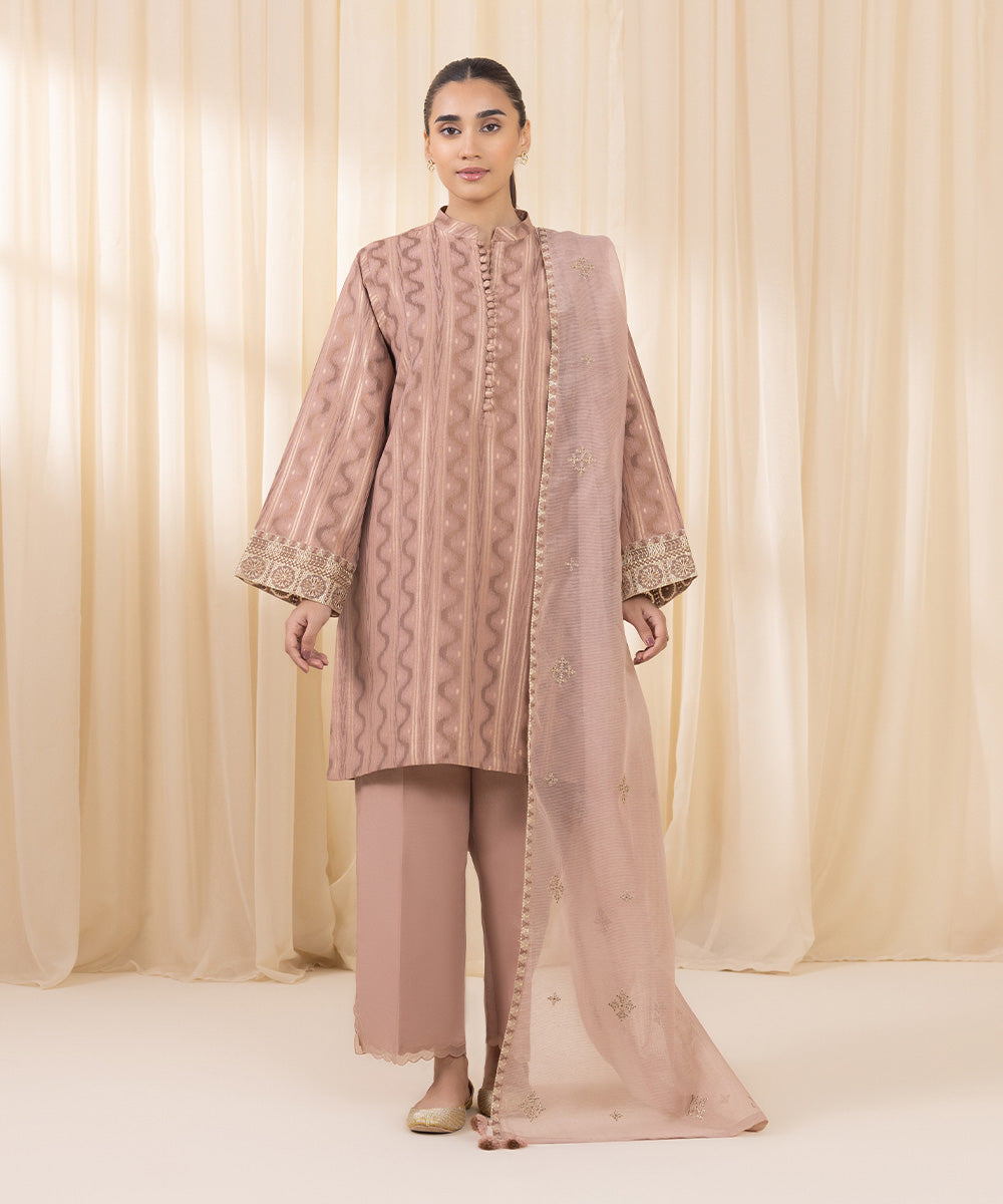 Women's Unstitched Embroidered Beige Extra Weft Jacquard Three Piece Suit