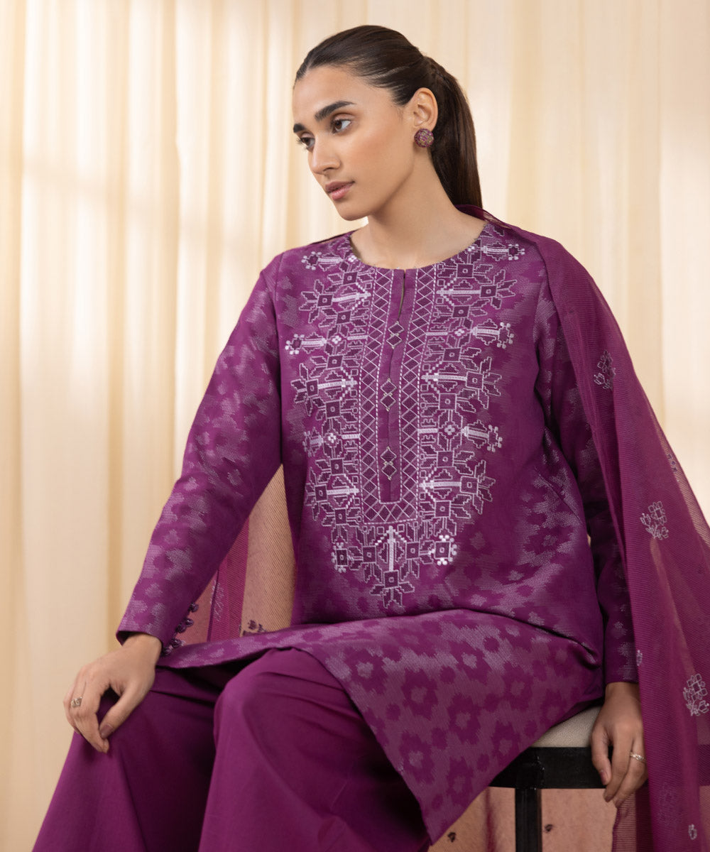 Women's Unstitched Embroidered Purple Extra Weft Jacquard Three Piece Suit