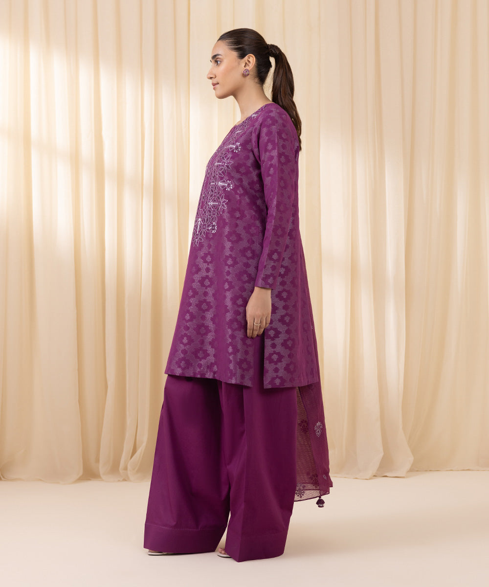 Women's Unstitched Embroidered Purple Extra Weft Jacquard Three Piece Suit