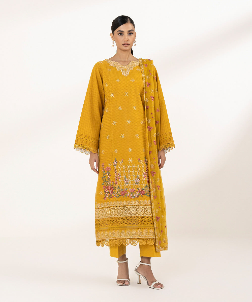 Women's Unstitched Dobby Embroidered Yellow 3 Piece Suit