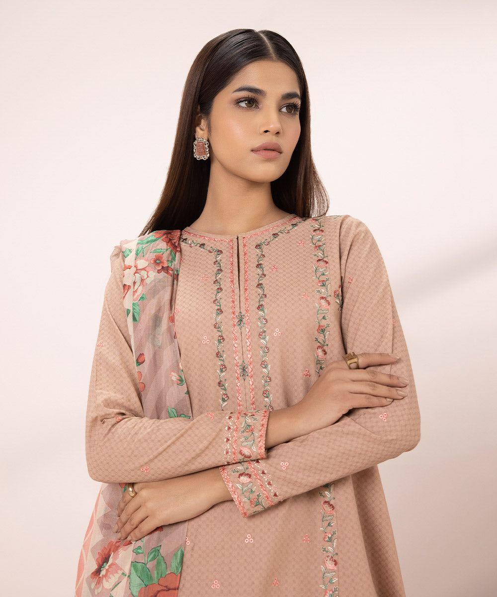 Women's Unstitched Dobby Embroidered Pink 3 Piece Suit