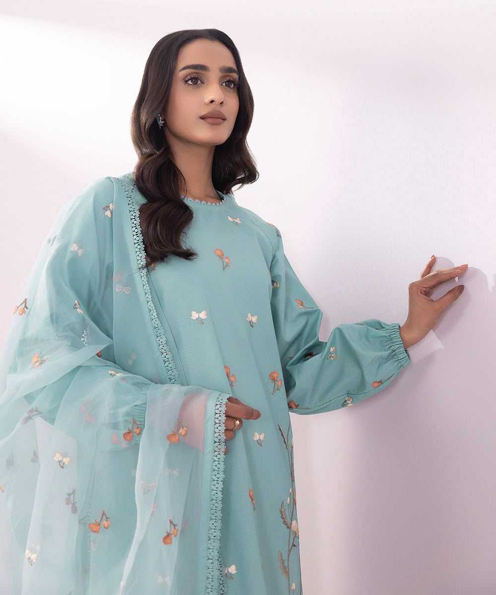 Women's Unstitched Zari Lawn Embroidered Sky Blue 3 Piece Suit